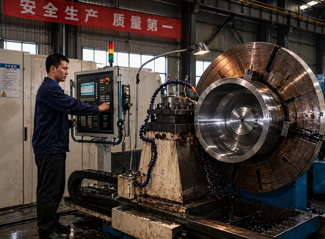 CNC machining of large press components in the manufacturing workshop